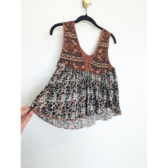 Free People Lucky Coin Tank Top Brown Floral Linen Small - Picture 6 of 8